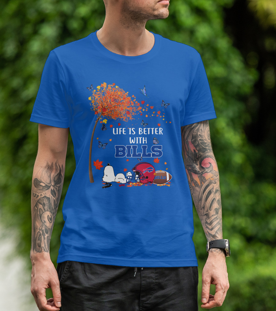 Life Is Better With Bills Buffalo Helmet And Football Under Autumn Tree With Snoopy And Butterflies T-Shirt
