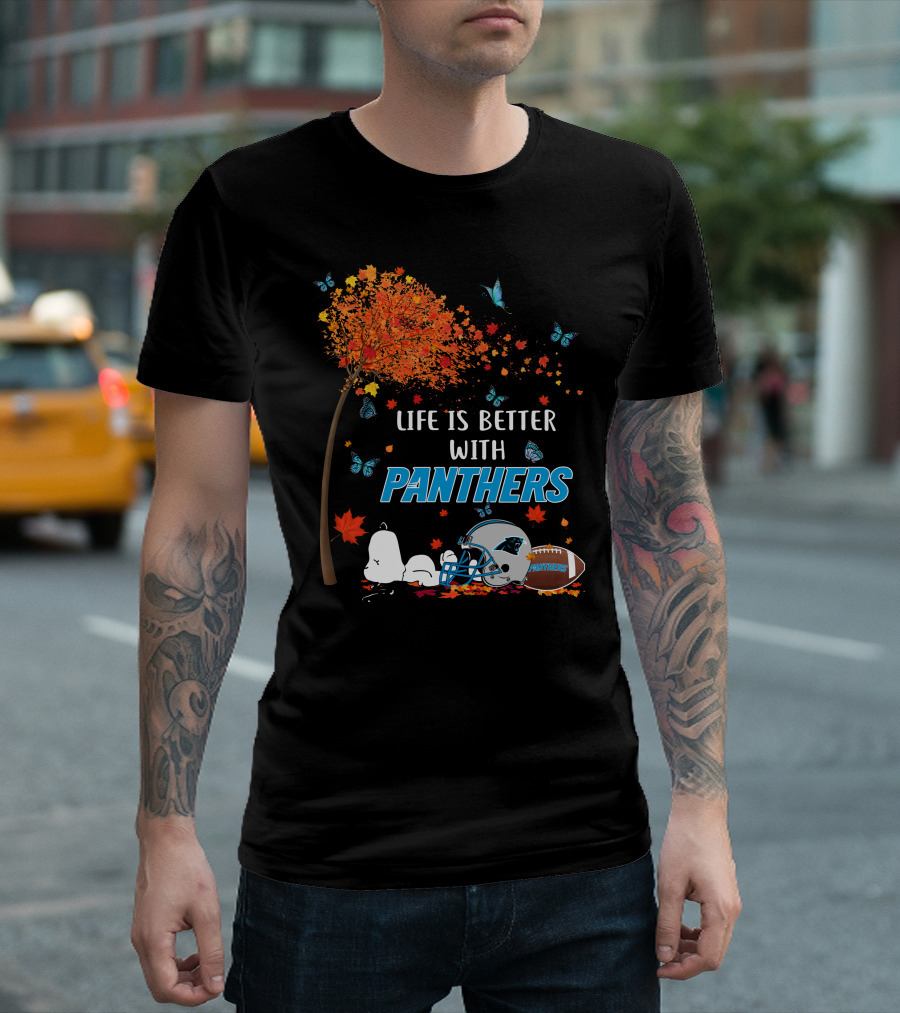 Life Is Better With Panthers Carolina Football Helmet And Autumn Leaves T-Shirt
