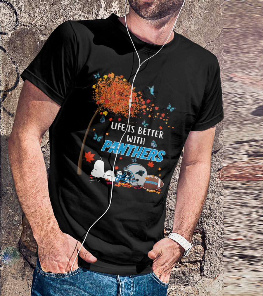 Life Is Better With Panthers Carolina Football Helmet And Autumn Leaves T-Shirt