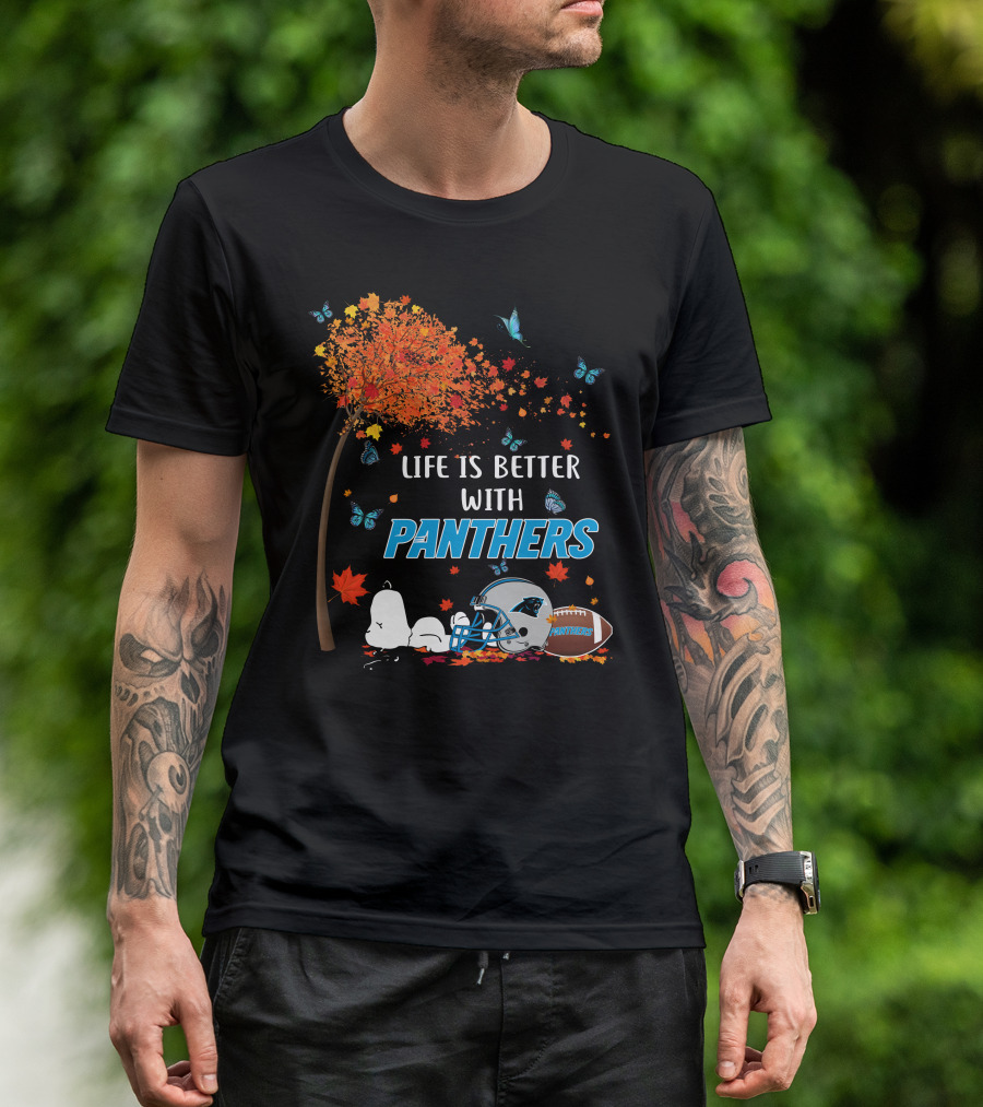Life Is Better With Panthers Carolina Football Helmet And Autumn Leaves T-Shirt