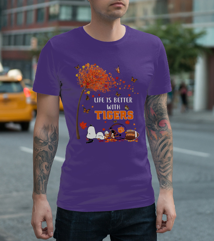 Life Is Better With Tigers Autumn Tree Snoopy Football Helmet Butterflies T-Shirt