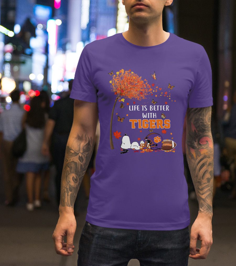 Life Is Better With Tigers Autumn Tree Snoopy Football Helmet Butterflies T-Shirt
