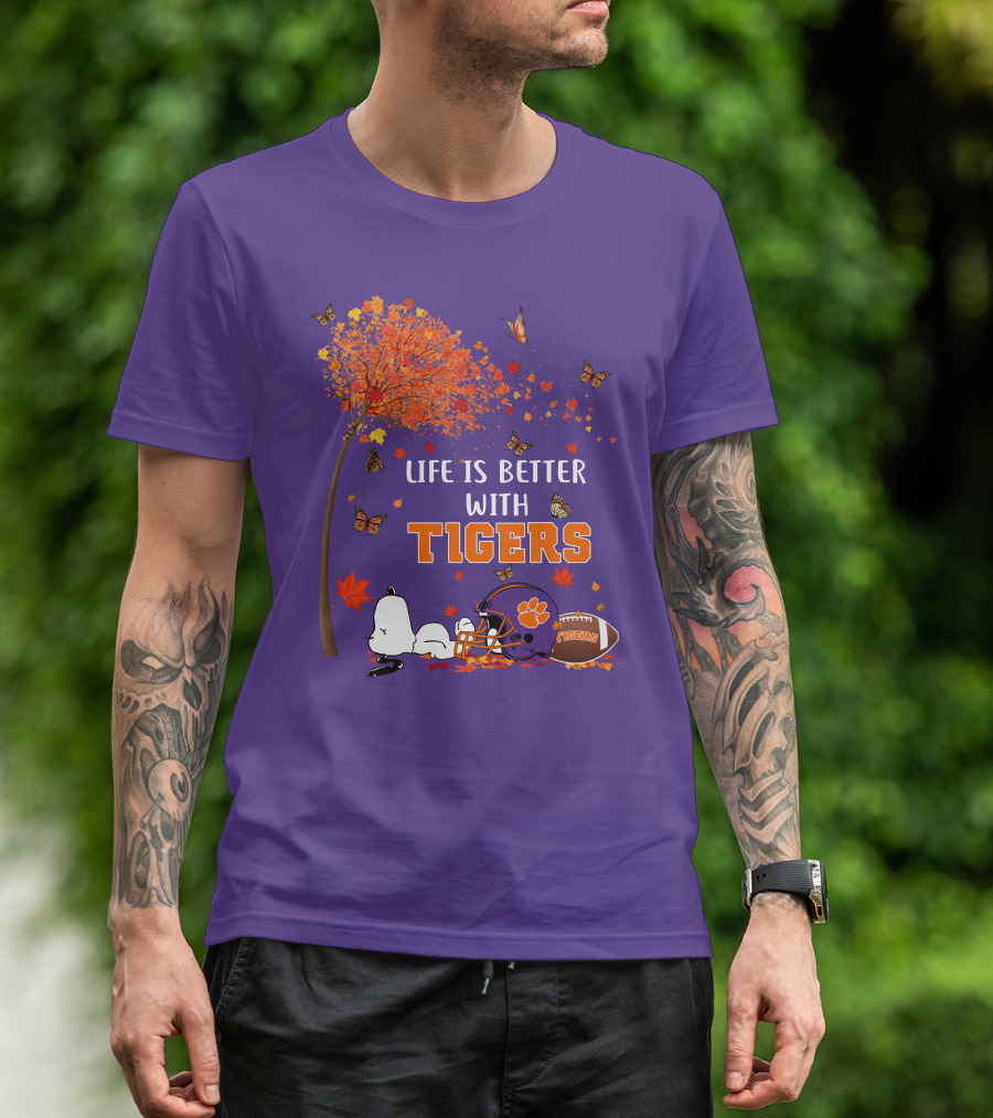 Life Is Better With Tigers Autumn Tree Snoopy Football Helmet Butterflies T-Shirt