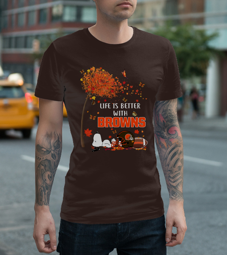 Life Is Better with My Cleveland Browns Football Autumn Scene and Peanuts Character T-Shirt