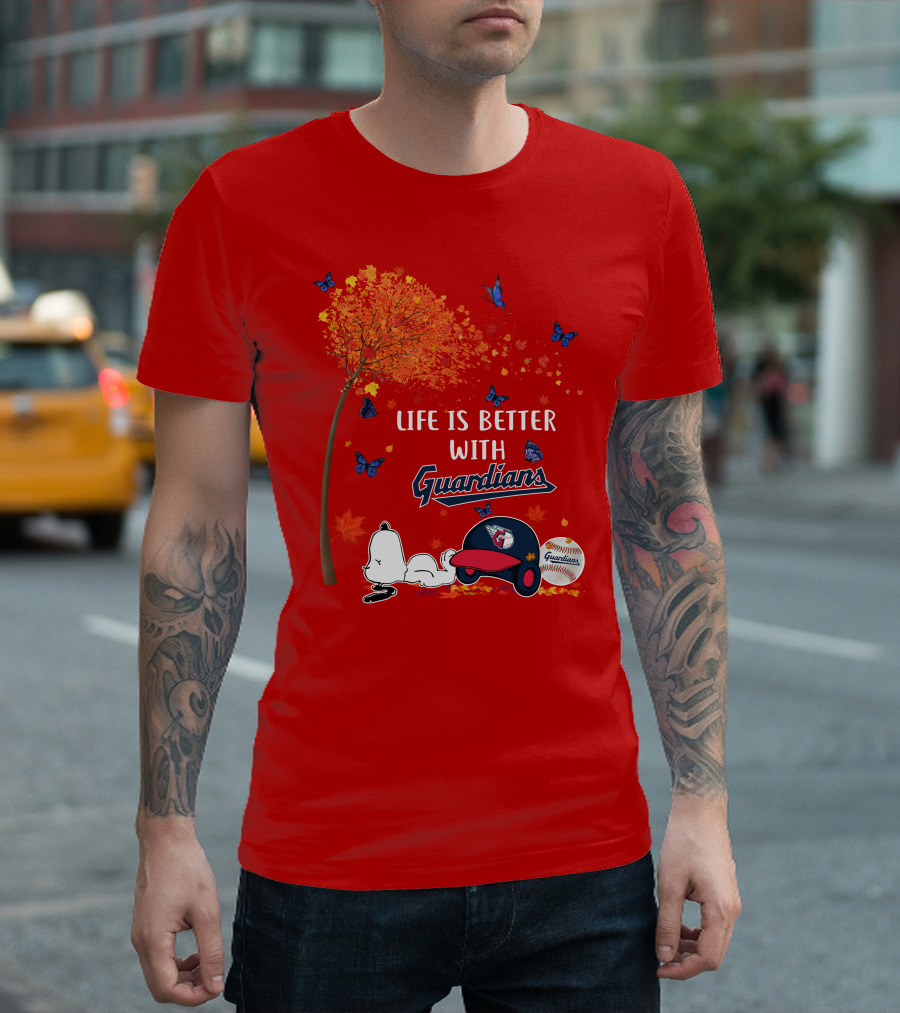 Life Is Better With Guardians Cleveland Guardians Baseball Autumn Tree Snoopy and Butterflies T-Shirt