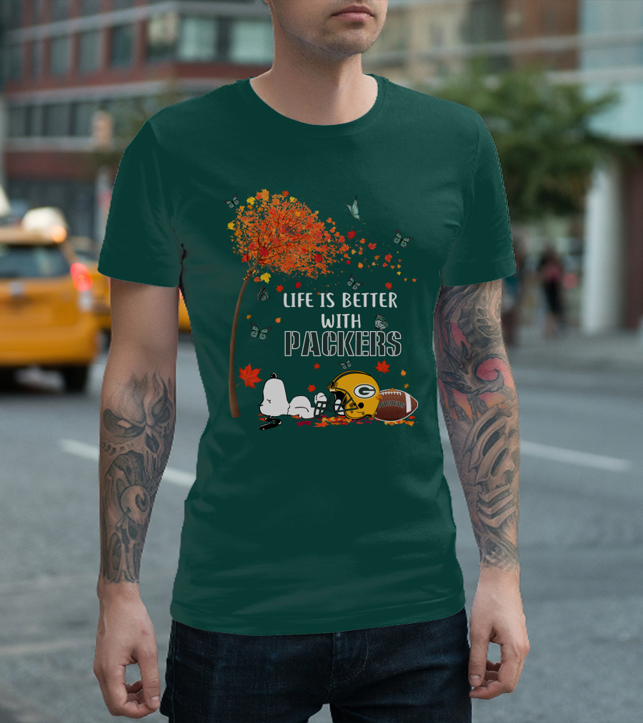 Life Is Better With Packers Green Bay Football Autumn Snoopy Leaves T-Shirt