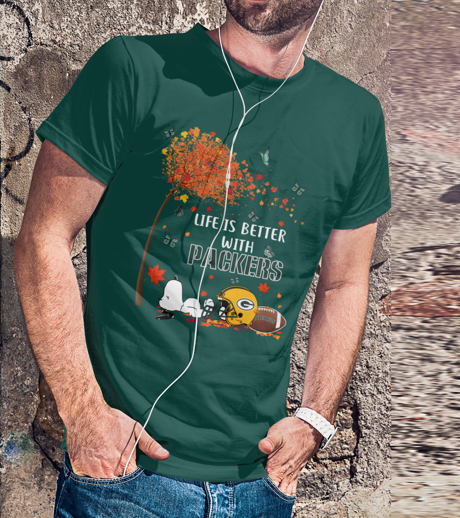 Life Is Better With Packers Green Bay Football Autumn Snoopy Leaves T-Shirt