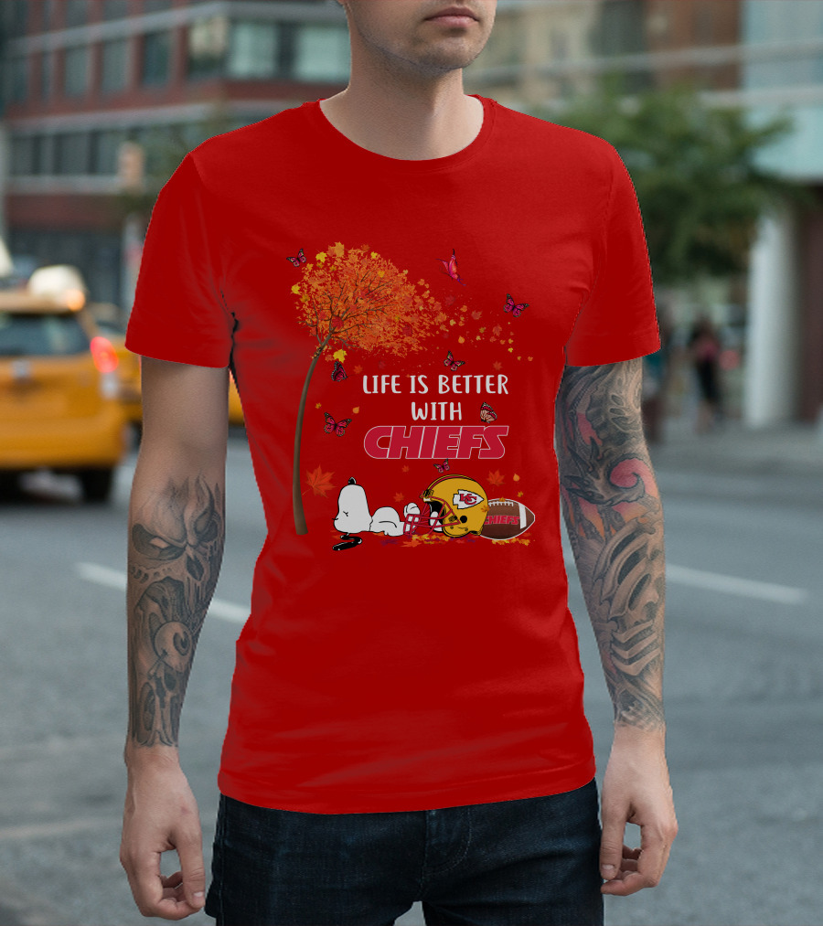 Life Is Better With Chiefs Fall Football Theme Snoopy And Butterflies T-Shirt