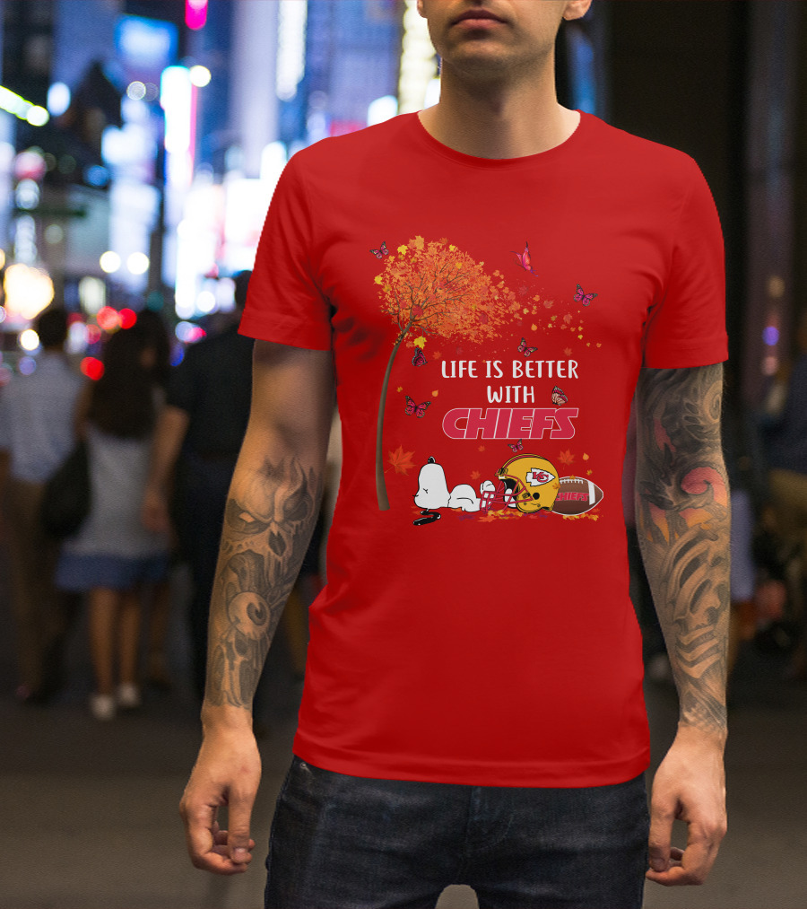 Life Is Better With Chiefs Fall Football Theme Snoopy And Butterflies T-Shirt