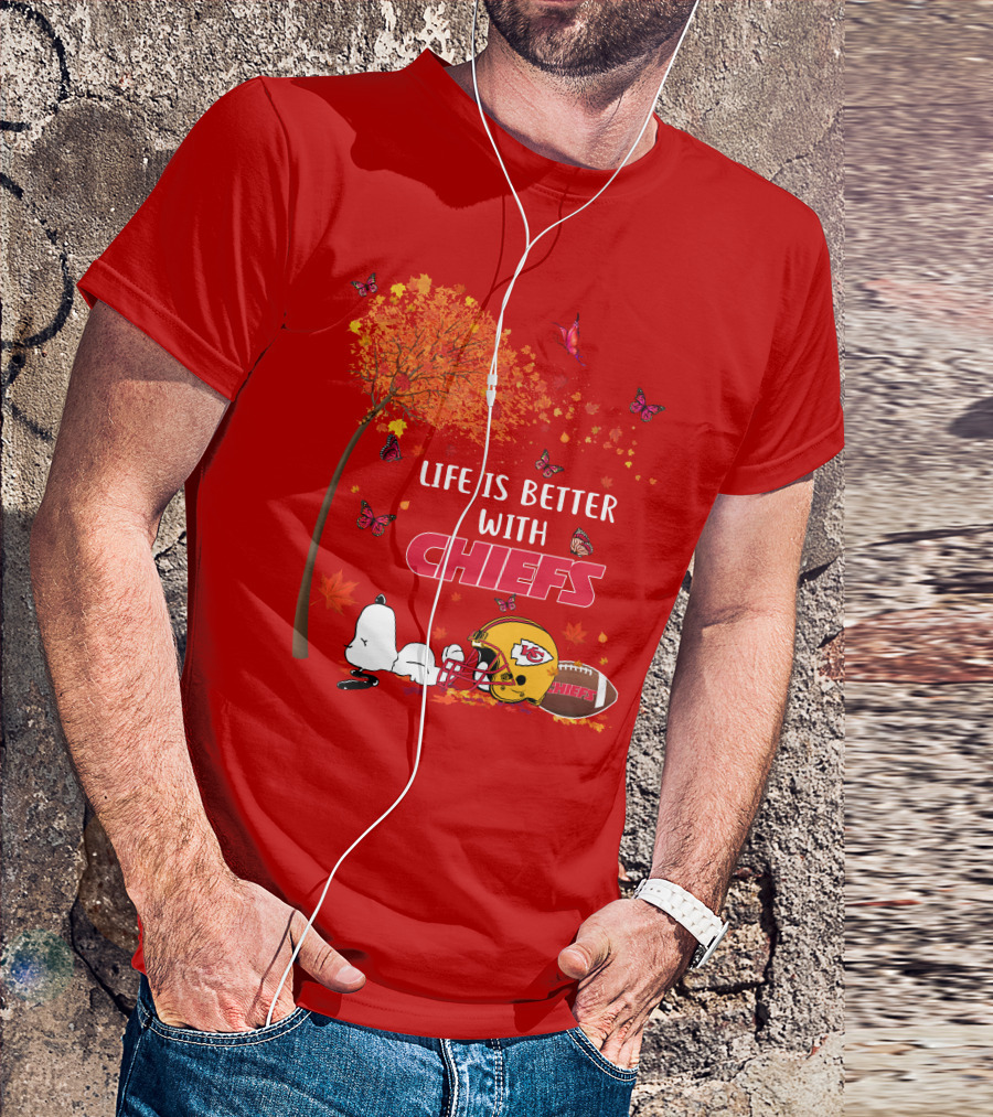 Life Is Better With Chiefs Fall Football Theme Snoopy And Butterflies T-Shirt