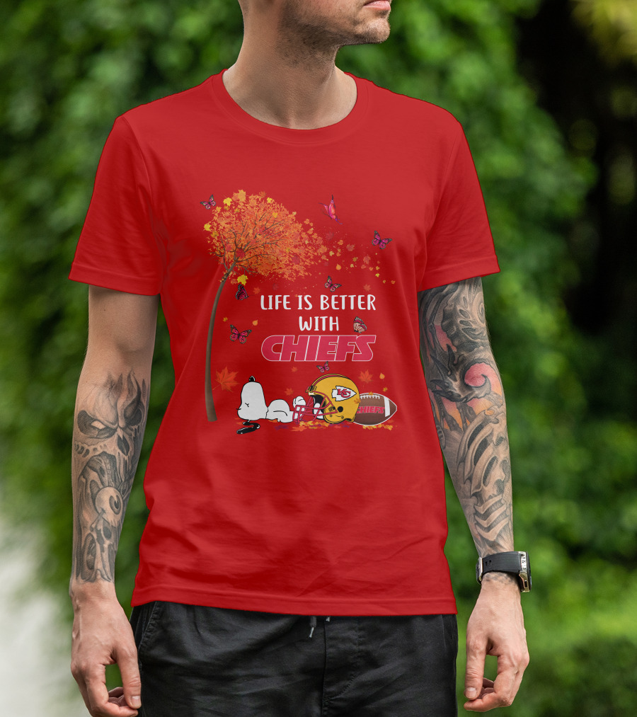 Life Is Better With Chiefs Fall Football Theme Snoopy And Butterflies T-Shirt