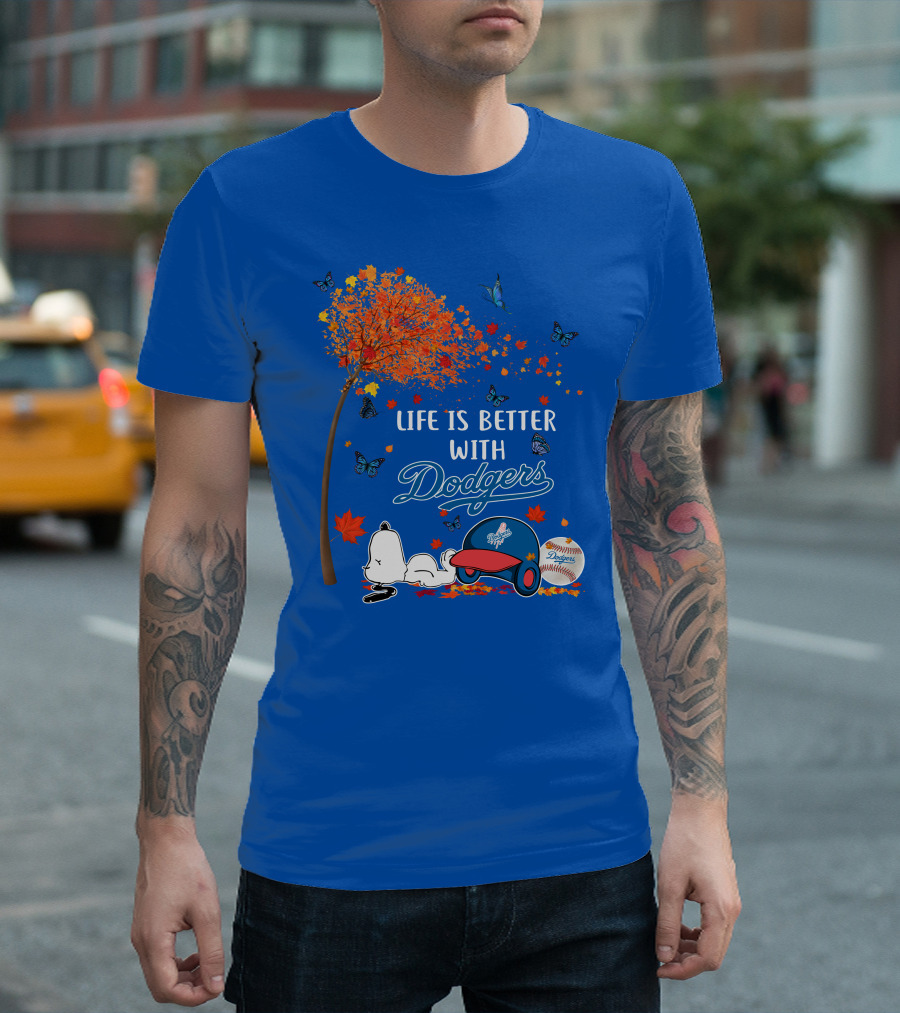 Life is Better with Dodgers Autumn Leaves Snoopy Baseball Cap and Ball T-Shirt