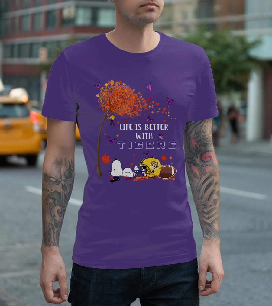 Life is Better with Tigers Football Leaves Butterflies Helmet T-Shirt