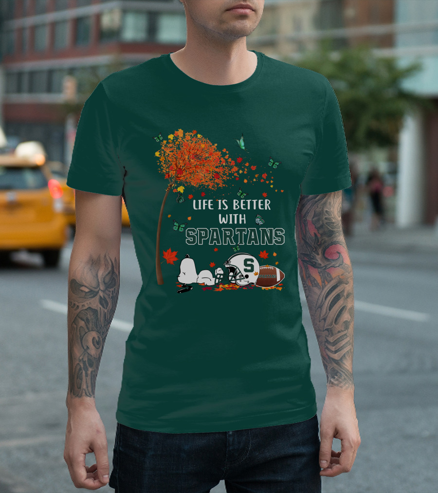 Life Is Better With Spartans Michigan State Football Autumn Leaves Butterflies T-Shirt