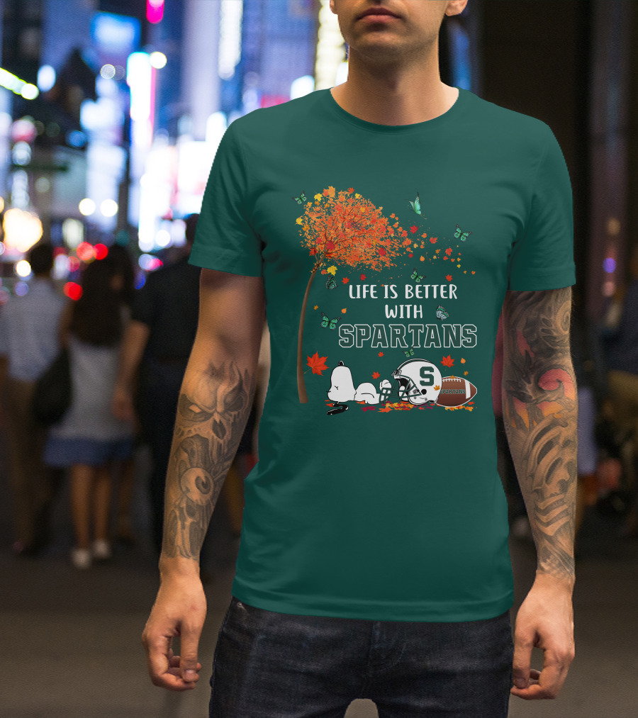 Life Is Better With Spartans Michigan State Football Autumn Leaves Butterflies T-Shirt