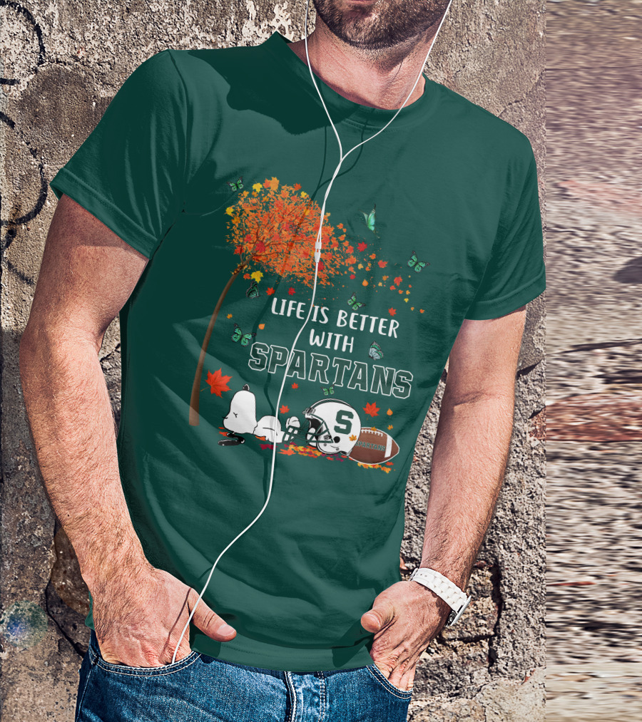 Life Is Better With Spartans Michigan State Football Autumn Leaves Butterflies T-Shirt