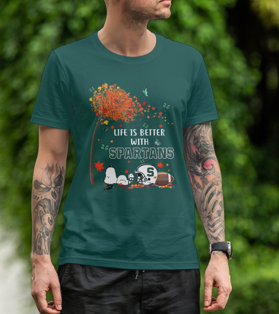 Life Is Better With Spartans Michigan State Football Autumn Leaves Butterflies T-Shirt
