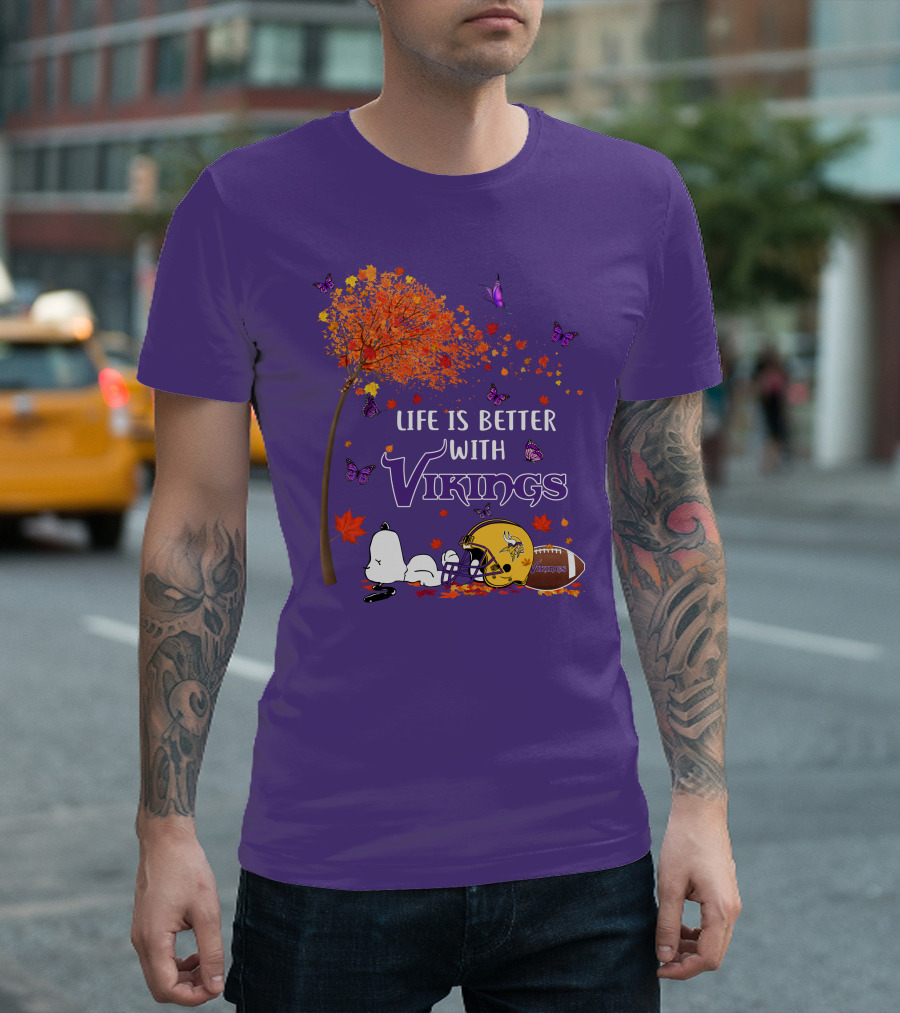 Life Is Better With Vikings Football And Autumn Leaves T-Shirt