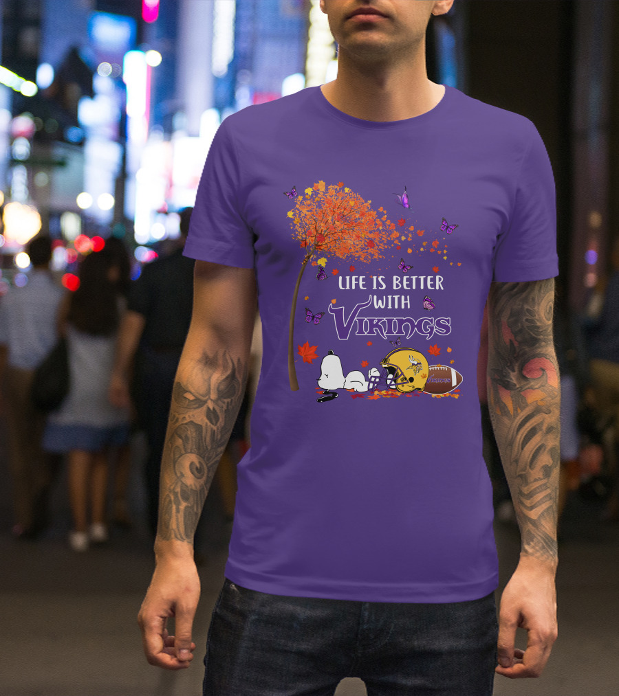 Life Is Better With Vikings Football And Autumn Leaves T-Shirt