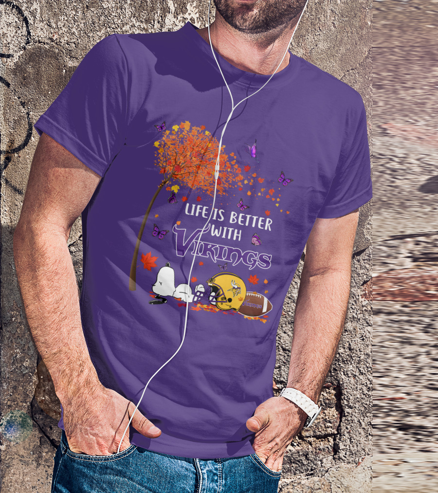 Life Is Better With Vikings Football And Autumn Leaves T-Shirt
