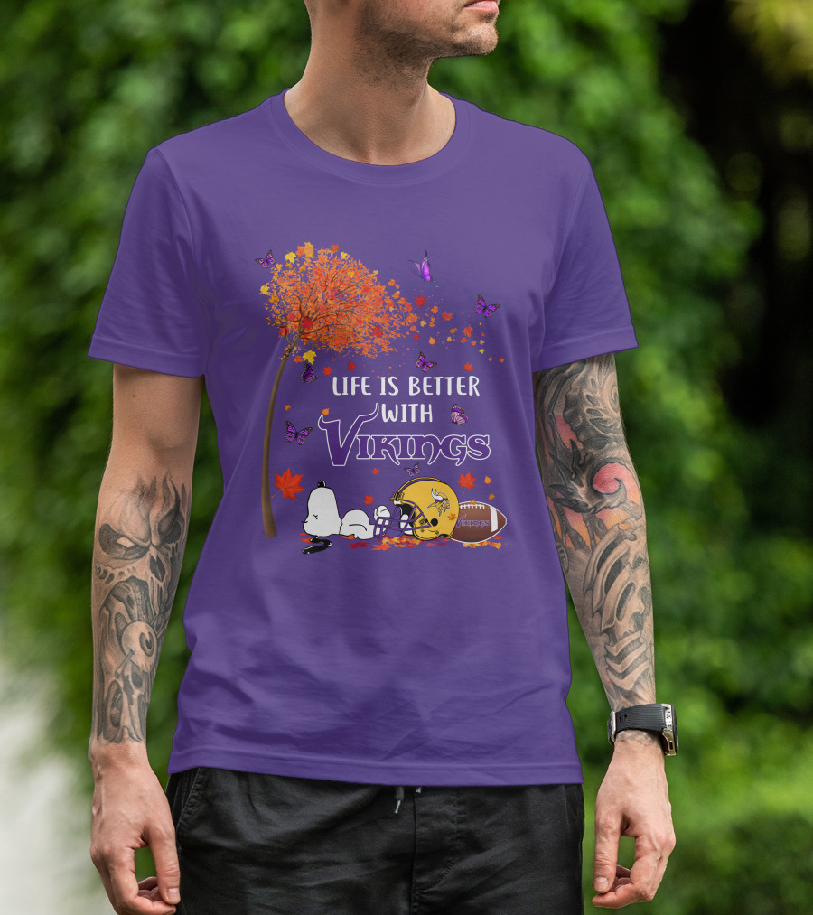 Life Is Better With Vikings Football And Autumn Leaves T-Shirt