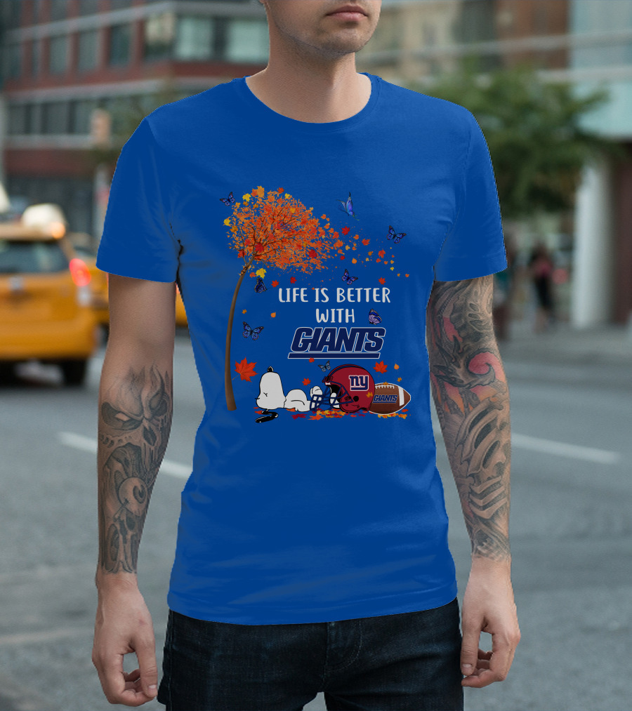 Life Is Better with Giants New York Giants Football Autumn Leaves Snoopy Butterflies T-Shirt