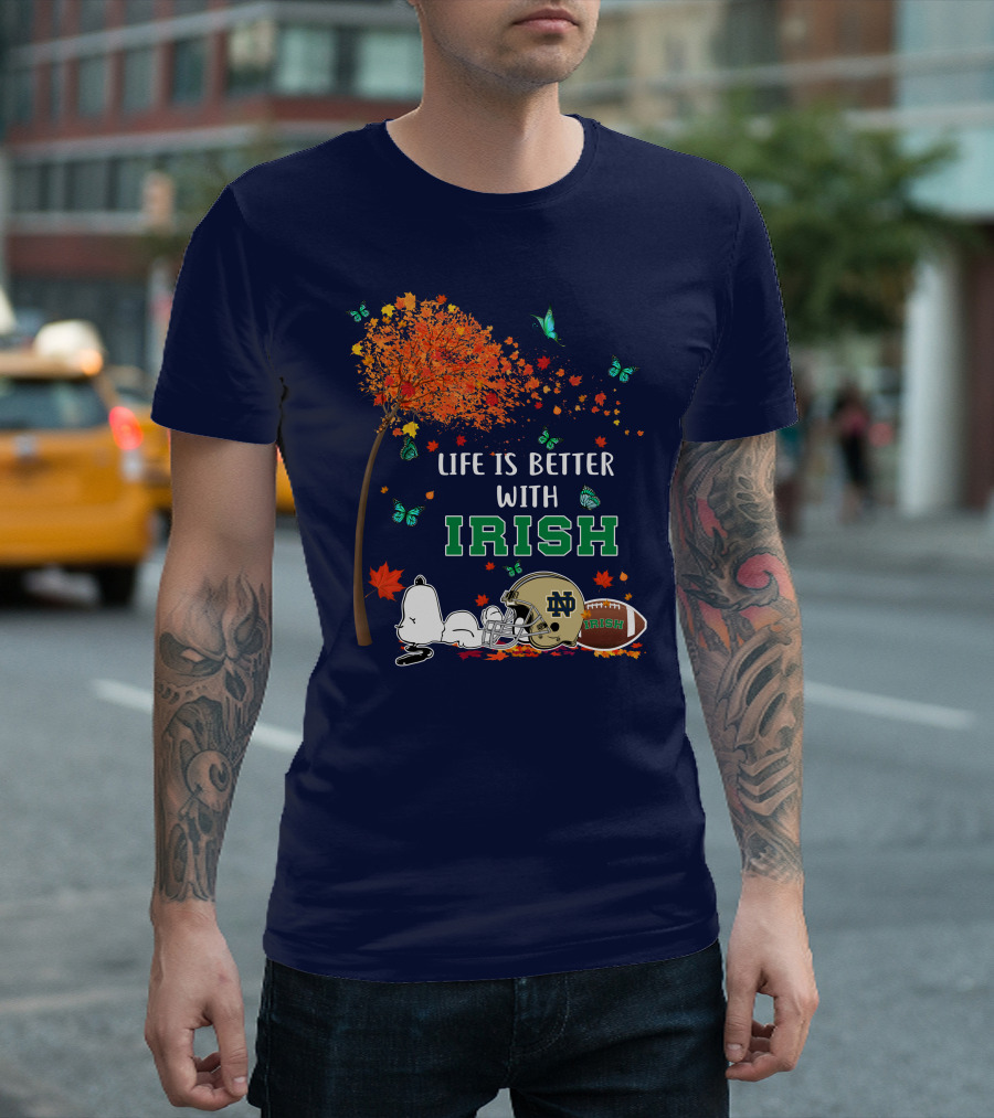 Life Is Better with Irish Autumn Leaves Football Helmet Snoopy Notre Dame T-Shirt