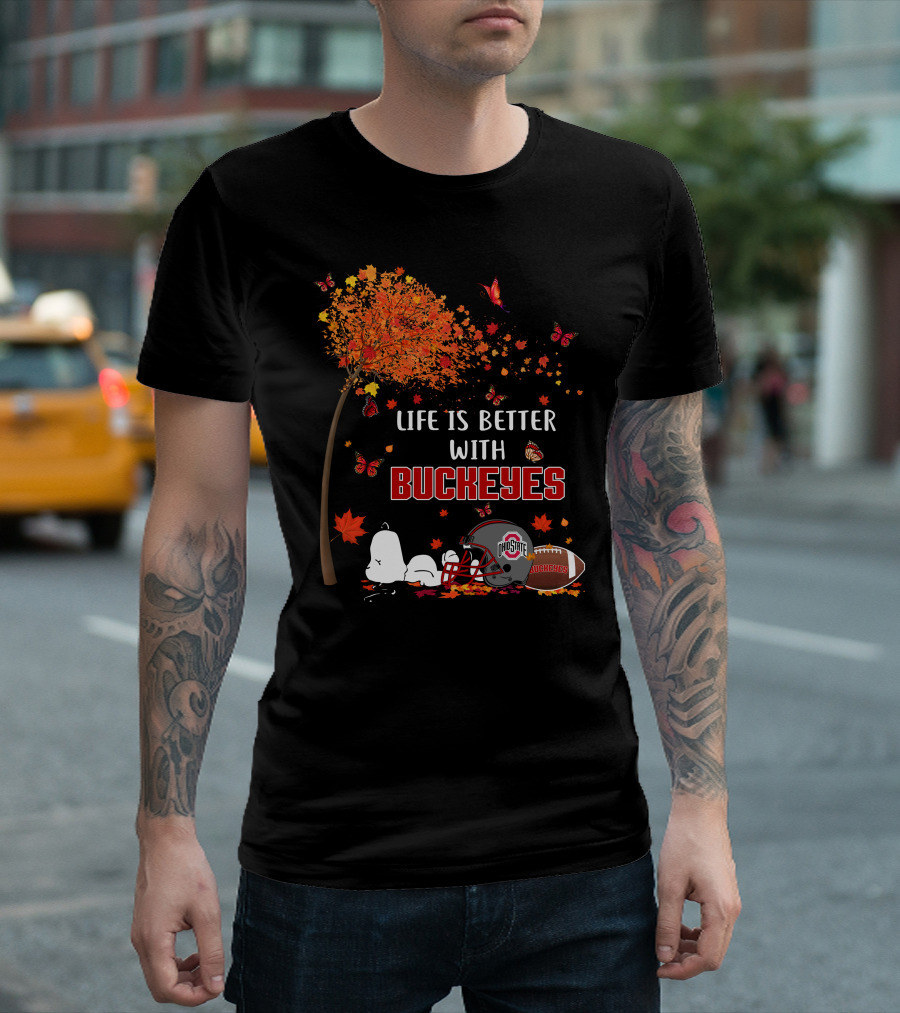 Life Is Better with Buckeyes Ohio State Football Autumn Leaves Butterflies T-Shirt