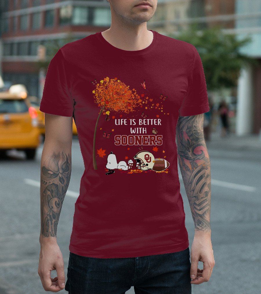 Life Is Better with Sooners Football Autumn Leaves and Butterflies T-Shirt