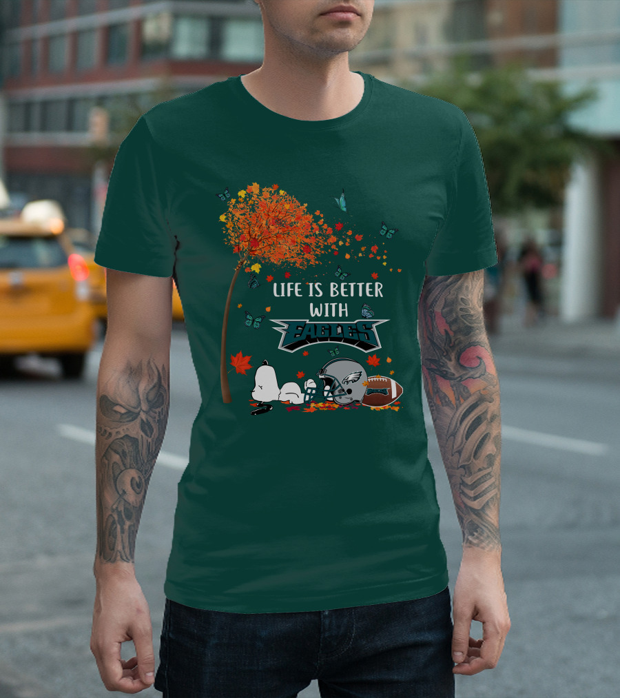 Life Is Better With Eagles Football Autumn Leaves And Butterflies T-Shirt