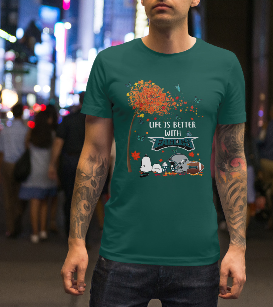 Life Is Better With Eagles Football Autumn Leaves And Butterflies T-Shirt