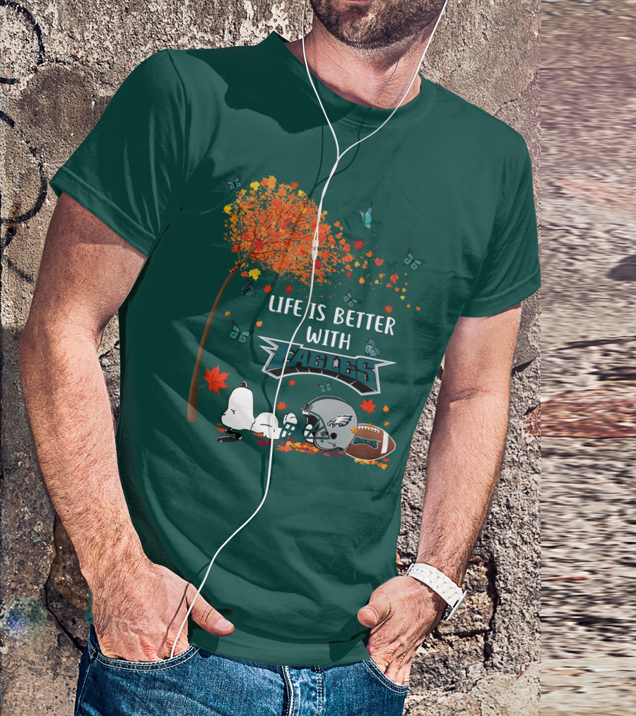 Life Is Better With Eagles Football Autumn Leaves And Butterflies T-Shirt
