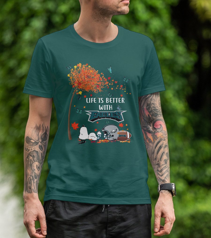 Life Is Better With Eagles Football Autumn Leaves And Butterflies T-Shirt