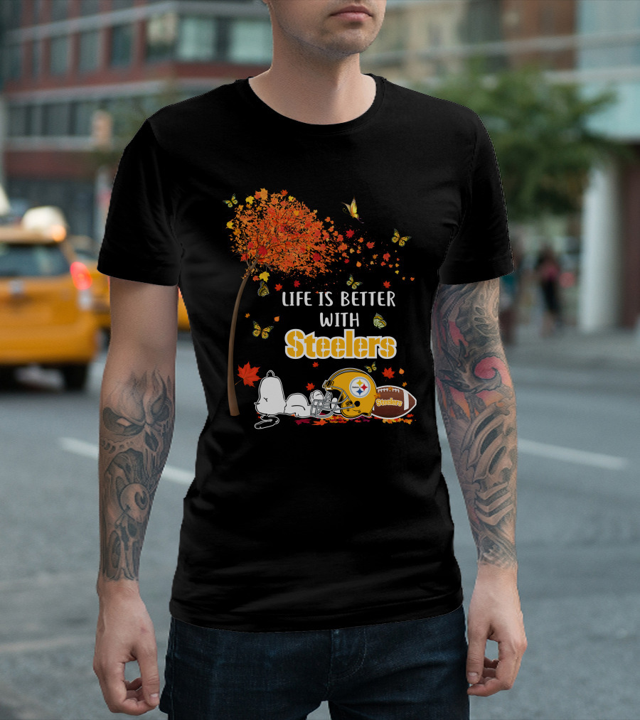 Life Is Better With Steelers Autumn Snoopy Football Helmet T-Shirt