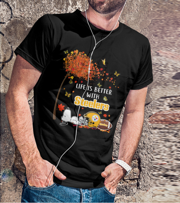 Life Is Better With Steelers Autumn Snoopy Football Helmet T-Shirt