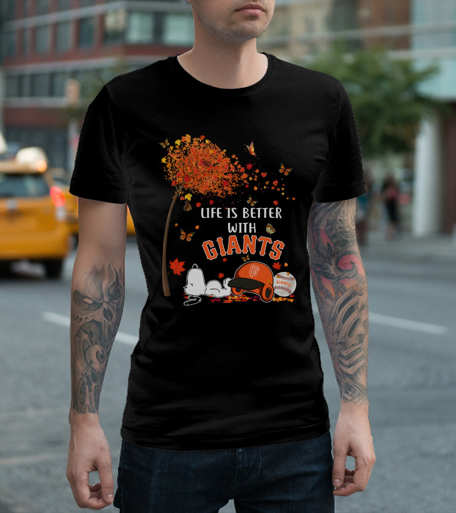 Life is Better with Giants Snoopy Fall Leaves Baseball Cap T-Shirt
