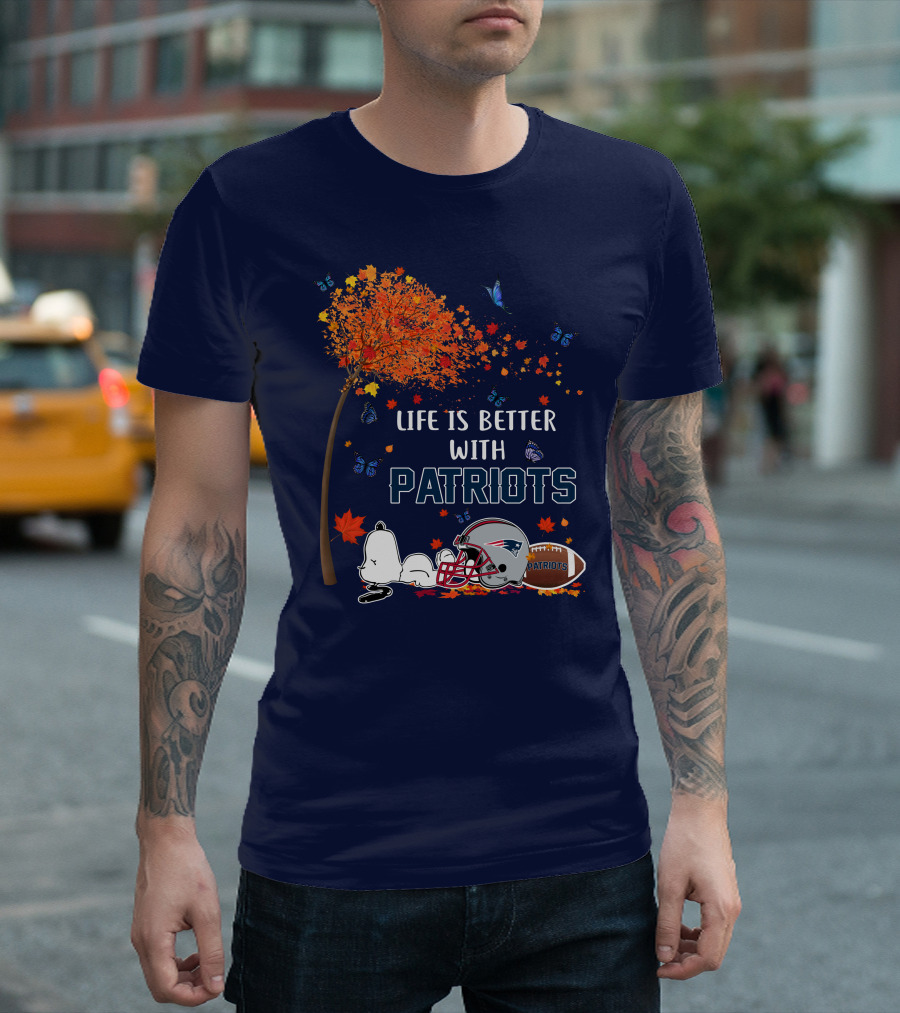 Life Is Better with Patriots New England Football Autumn Leaves and Snoopy T-Shirt