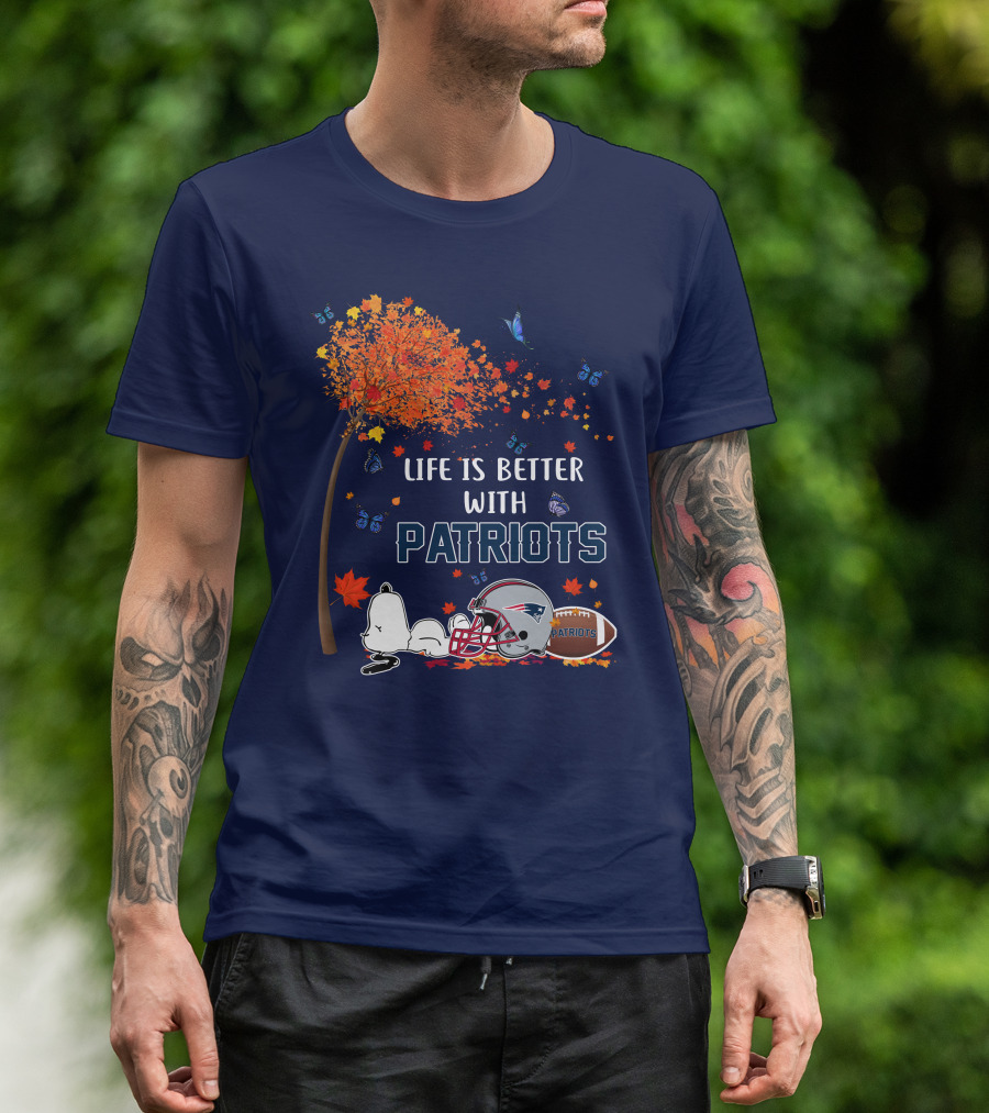 Life Is Better With Patriots New England Football Autumn Leaves And Snoopy T-Shirt