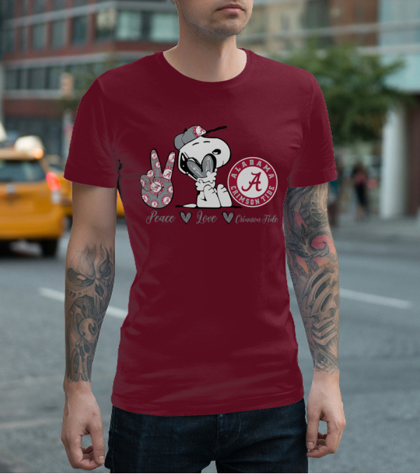 Peace Love Alabama Crimson Tide Snoopy Football Fan Gear T-Shirt