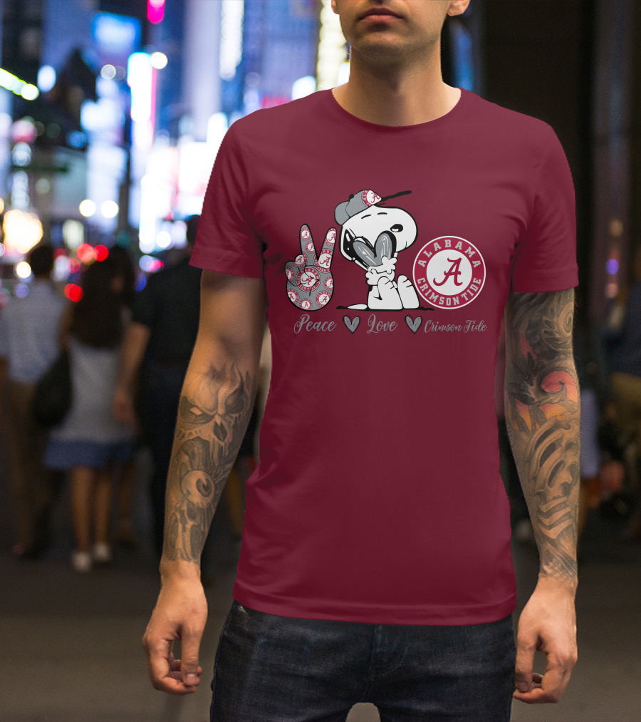 Peace Love Alabama Crimson Tide Snoopy Football Fan Gear T-Shirt