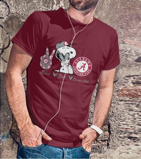 Peace Love Alabama Crimson Tide Snoopy Football Fan Gear T-Shirt