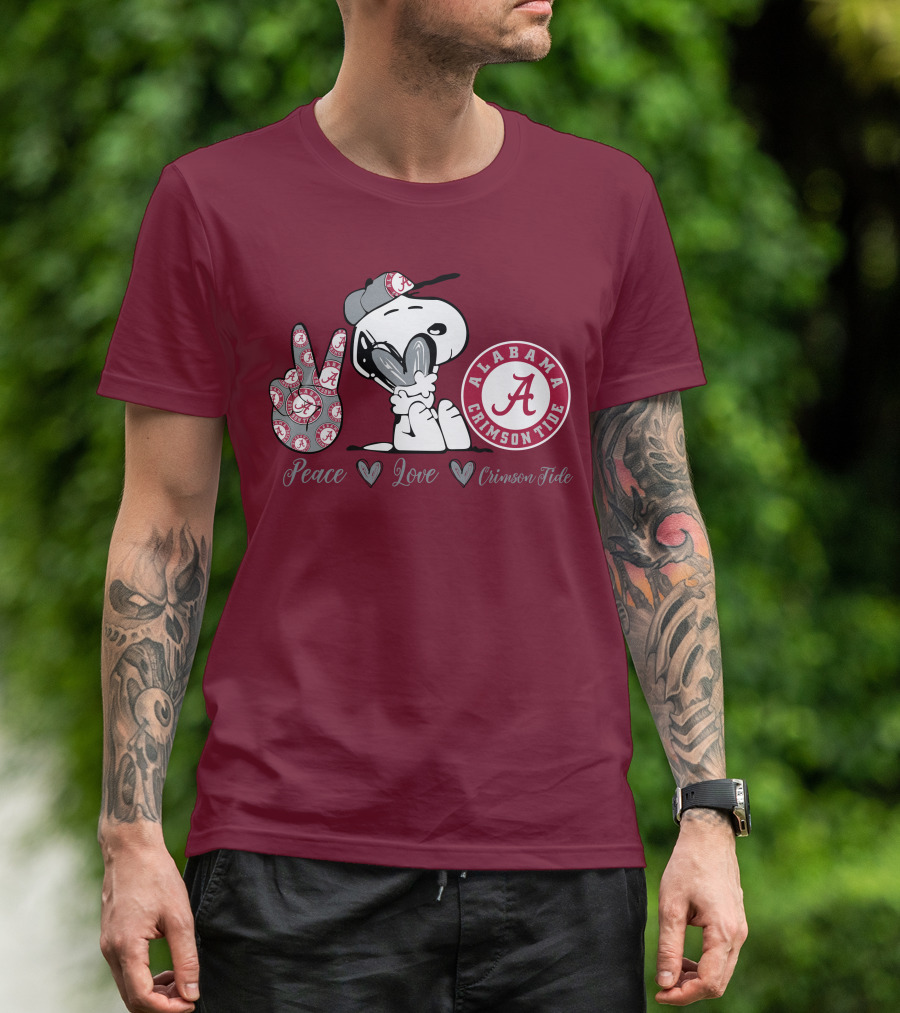 Peace Love Alabama Crimson Tide Snoopy Football Fan Gear T-Shirt