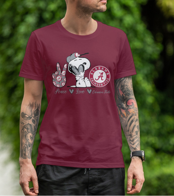 Peace Love Alabama Crimson Tide Snoopy Football Fan Gear T-Shirt
