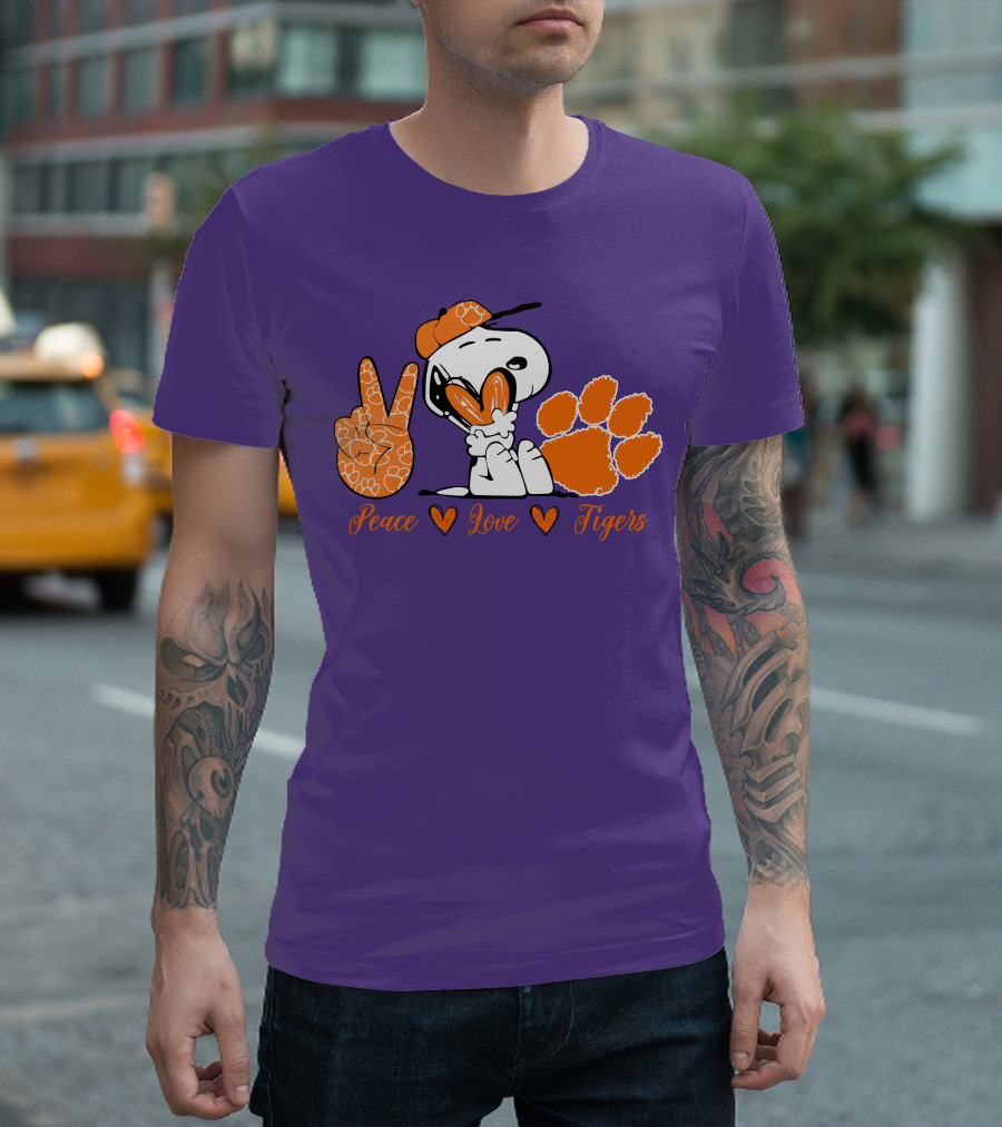 Peace Love Clemson Tigers Snoopy With Paw Print And Heart Icons T-Shirt