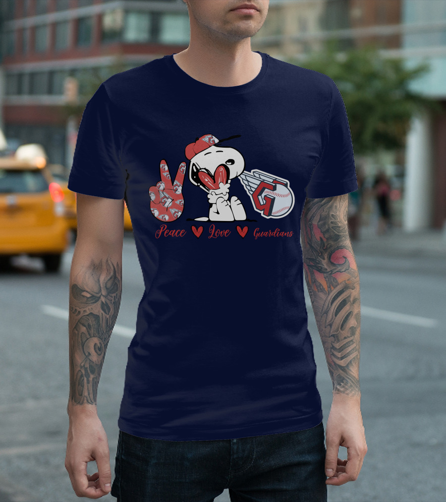 Snoopy Peace Love Cleveland Guardians Baseball Iconic Imagery With Red Heart And Cap T-Shirt