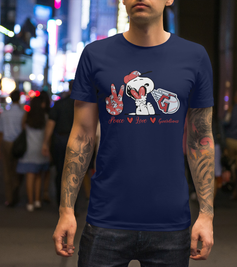 Snoopy Peace Love Cleveland Guardians Baseball Iconic Imagery With Red Heart And Cap T-Shirt