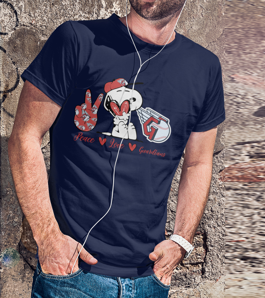 Snoopy Peace Love Cleveland Guardians Baseball Iconic Imagery With Red Heart And Cap T-Shirt