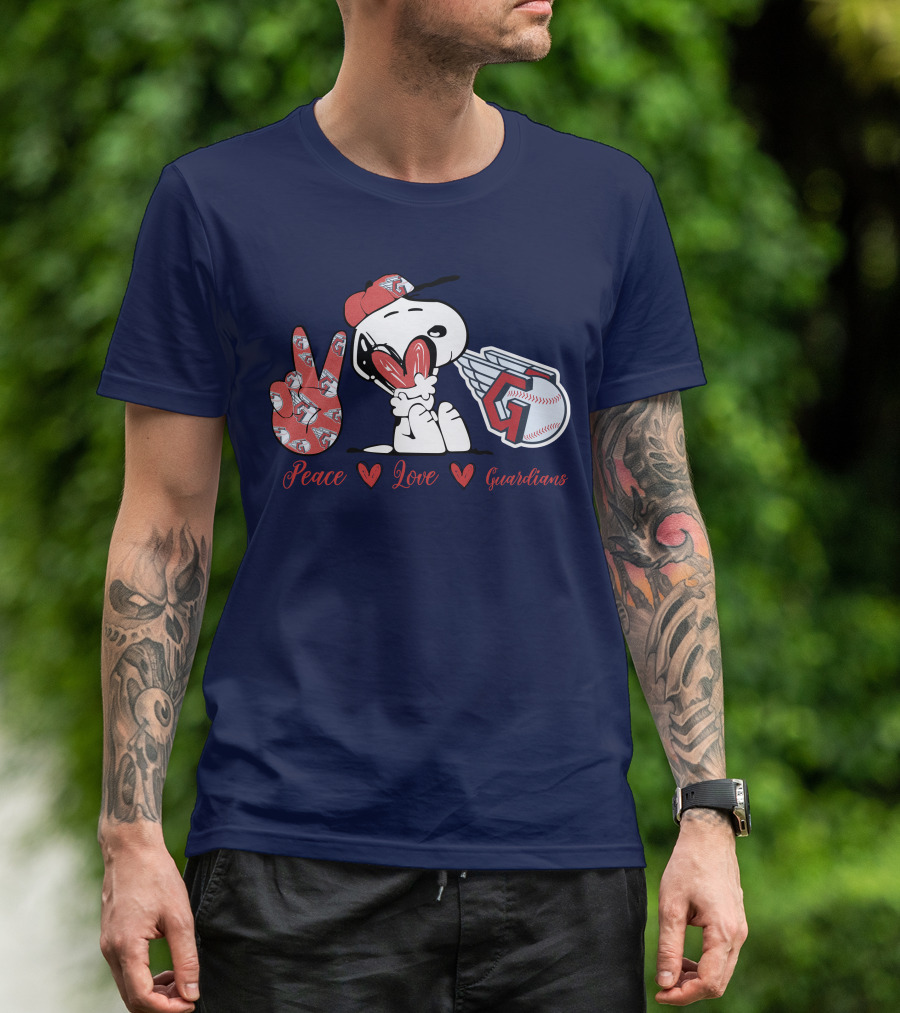 Snoopy Peace Love Cleveland Guardians Baseball Iconic Imagery With Red Heart And Cap T-Shirt