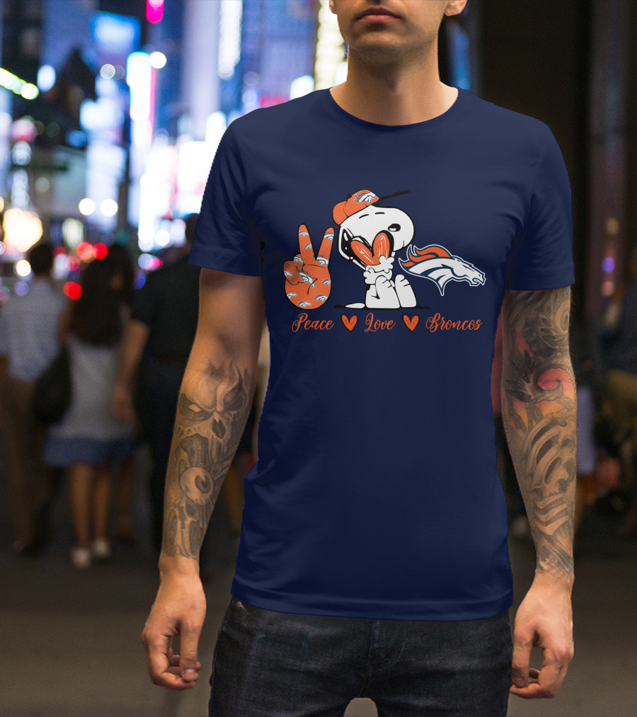Peace Love Denver Broncos Snoopy Embrace T-Shirt