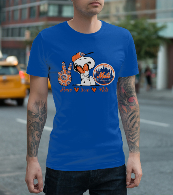 Snoopy Peace Love Mets New York City Skyline Baseball T-Shirt